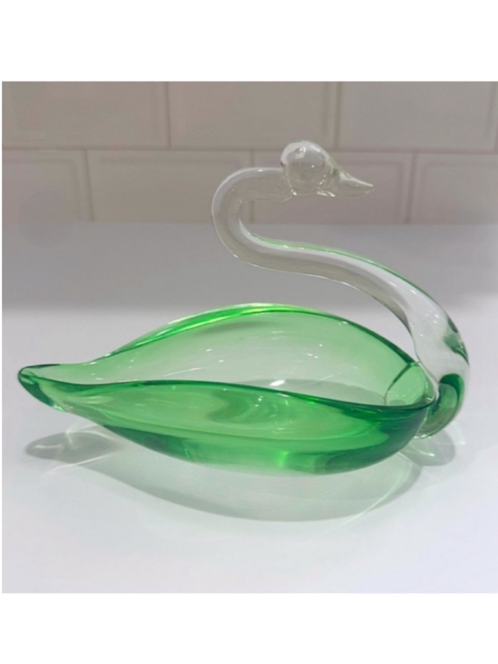 Vintage Handblown Green & Clear Art Glass Swan Bowl